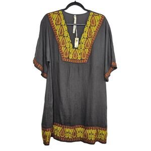 Uncle Frank Women's Gray V-Neck Embroidered Linen Dress Sz XS Boho Breezy Summer